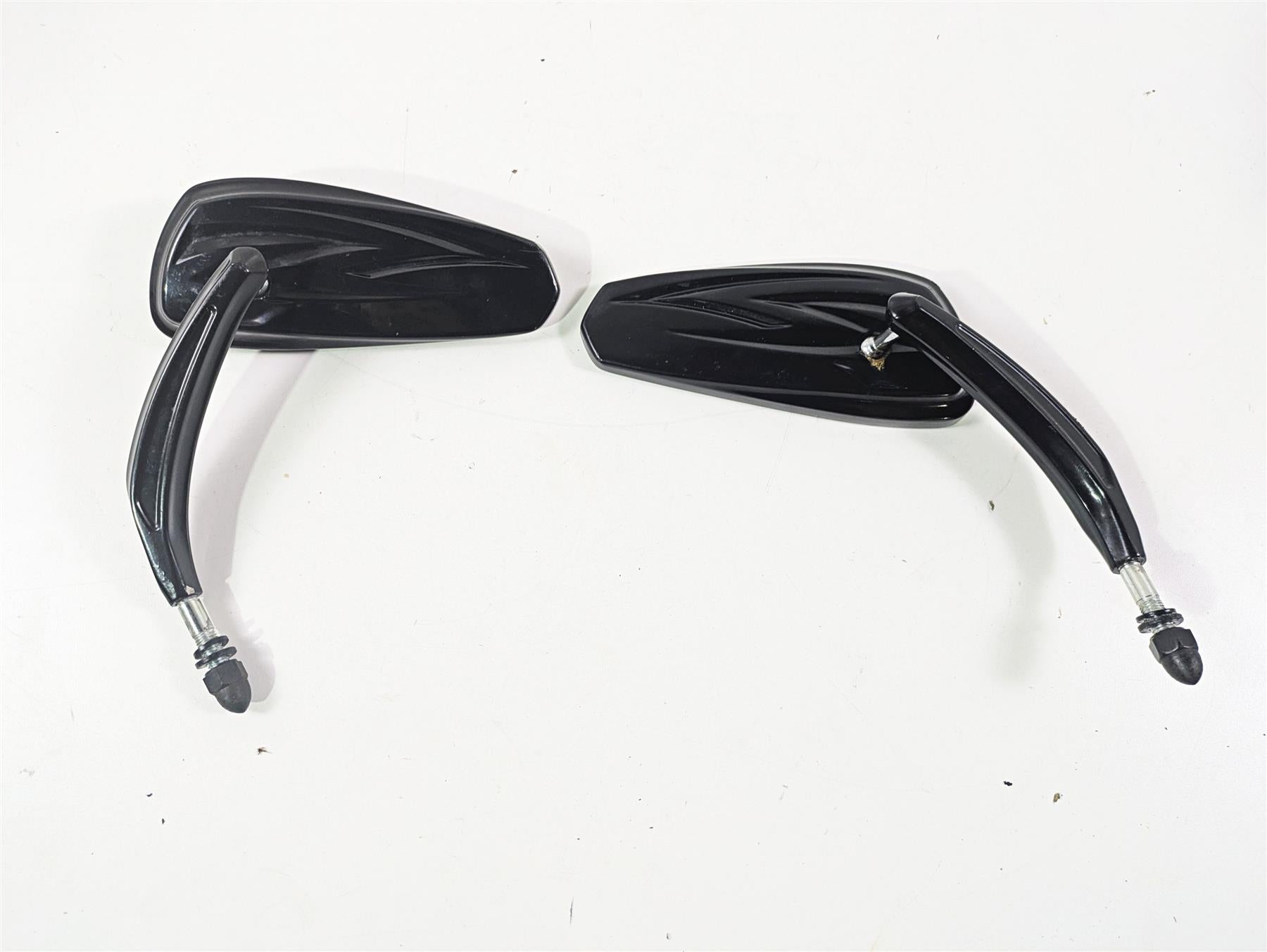 Pair of black motorcycle rearview mirrors with curved stems on white background, available at Mototech271