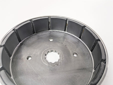 Used motorcycle clutch drum with mounting holes and splined center, available at Mototech271