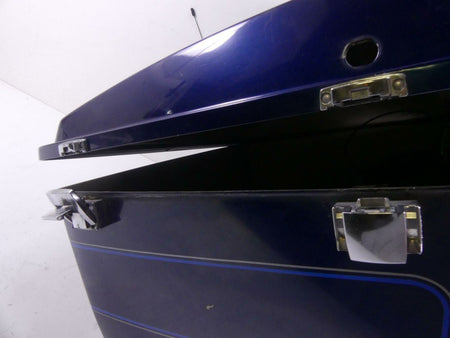 Used blue motorcycle hard saddlebag with chrome hardware, available at Mototech271