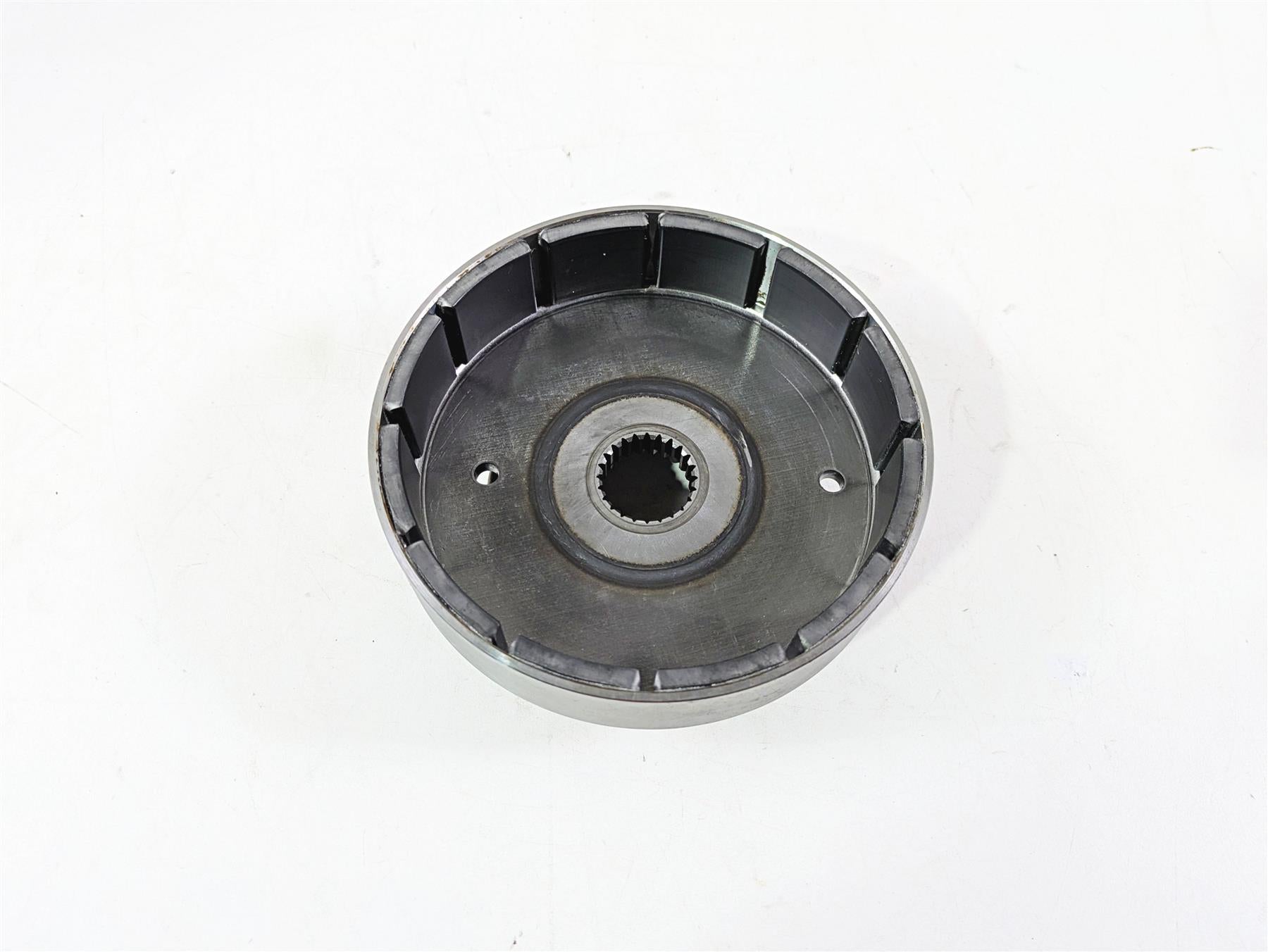 used motorcycle metal clutch basket part on white background, available at Mototech271