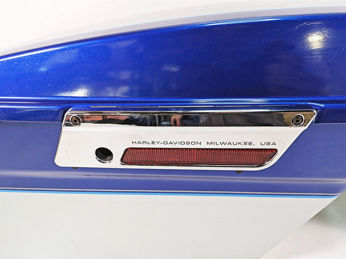 Harley-Davidson blue motorcycle saddlebag with chrome reflector panel, available at Mototech271