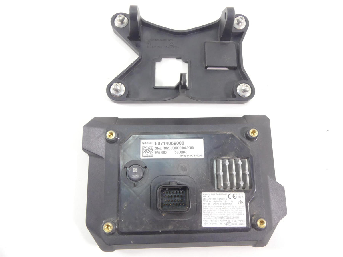 Used Bosch motorcycle LCD dashboard gauge cluster with black mounting bracket, available at Mototech271