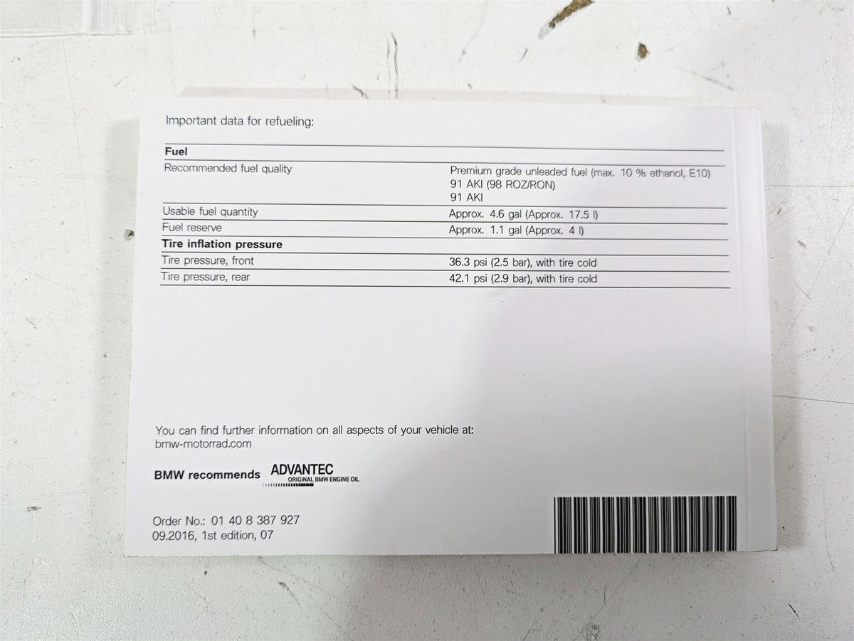 2017 BMW S1000R K47 Owners Manual Booklet & Bag Set 01408387927 {{ shop.shopifyCountryName }} - Mototech271