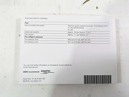 2017 BMW S1000R K47 Owners Manual Booklet & Bag Set 01408387927 {{ shop.shopifyCountryName }} - Mototech271