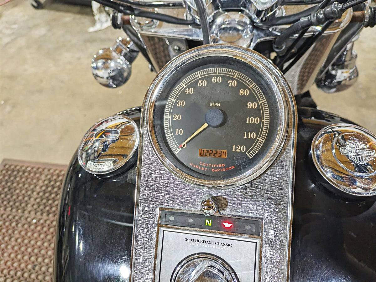 2003 Harley FLSTC Softail Heritage 100th Speedometer Gauge Speedo 22K 67033-99A {{ shop.shopifyCountryName }} - Mototech271