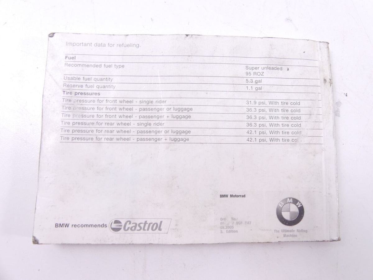 2005 BMW R1200GS K25 Owners Manual Handbook Hand Book US Model - Wet 01477704007 {{ shop.shopifyCountryName }} - Mototech271