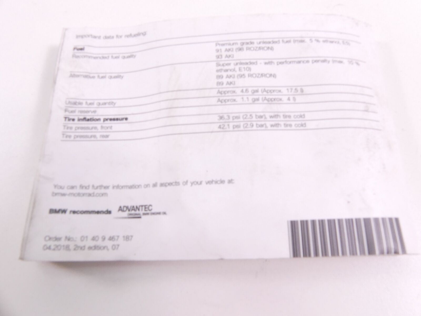 2019 BMW S1000R K47 Owner Manual 01409457187 {{ shop.shopifyCountryName }} - Mototech271
