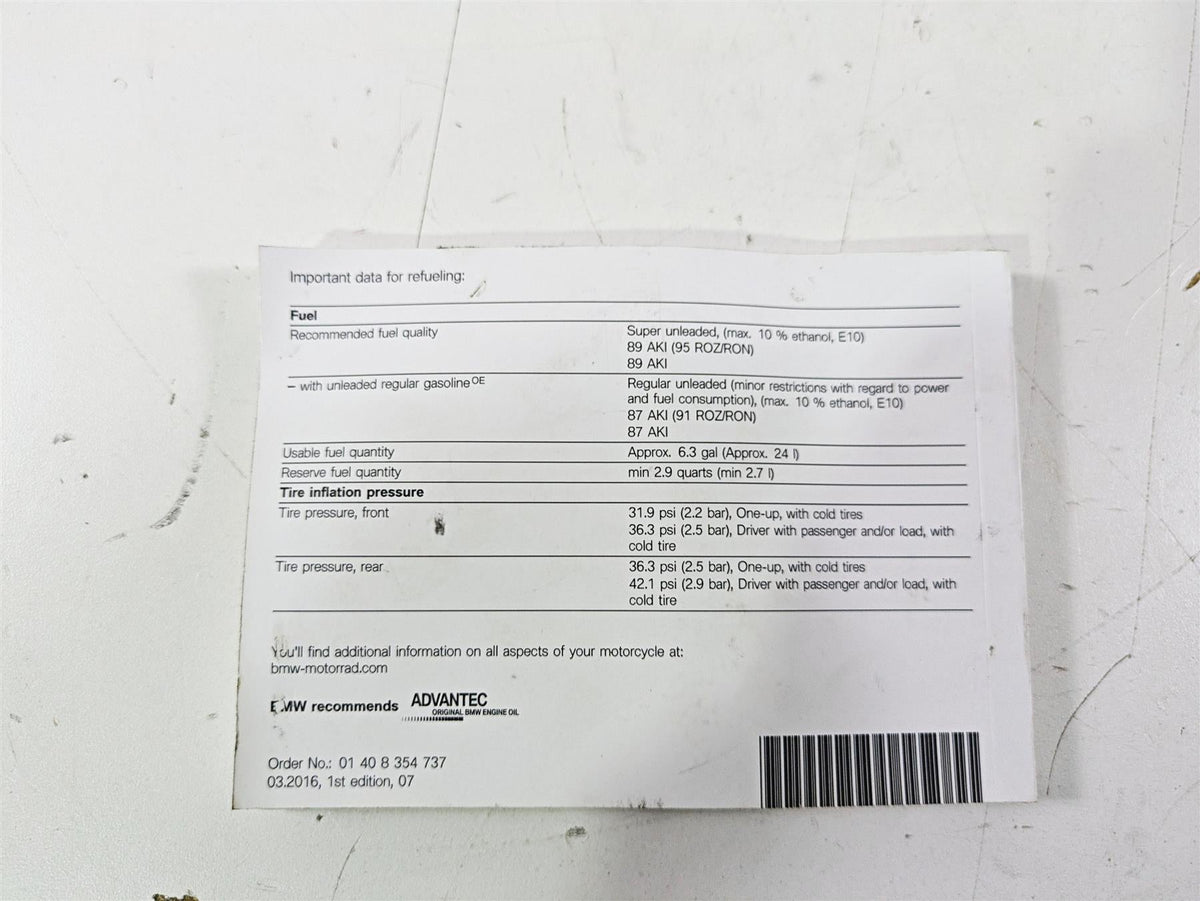 2017 BMW F800GS Adv K75 Owners Manual Book 01408354737 {{ shop.shopifyCountryName }} - Mototech271